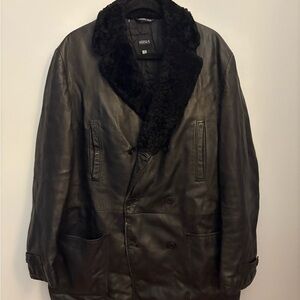 VINTAGE Versus Versace Black Leather Double-Breasted Coat with Shearling Collar